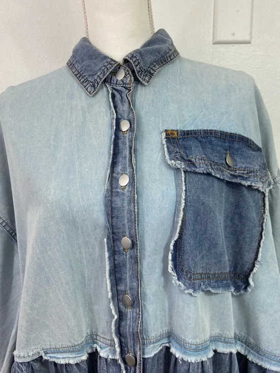 POL chambray Denim Babydoll Mini Dress Sz Medium Tiered Colorblock Overs - Picture 5 of 13